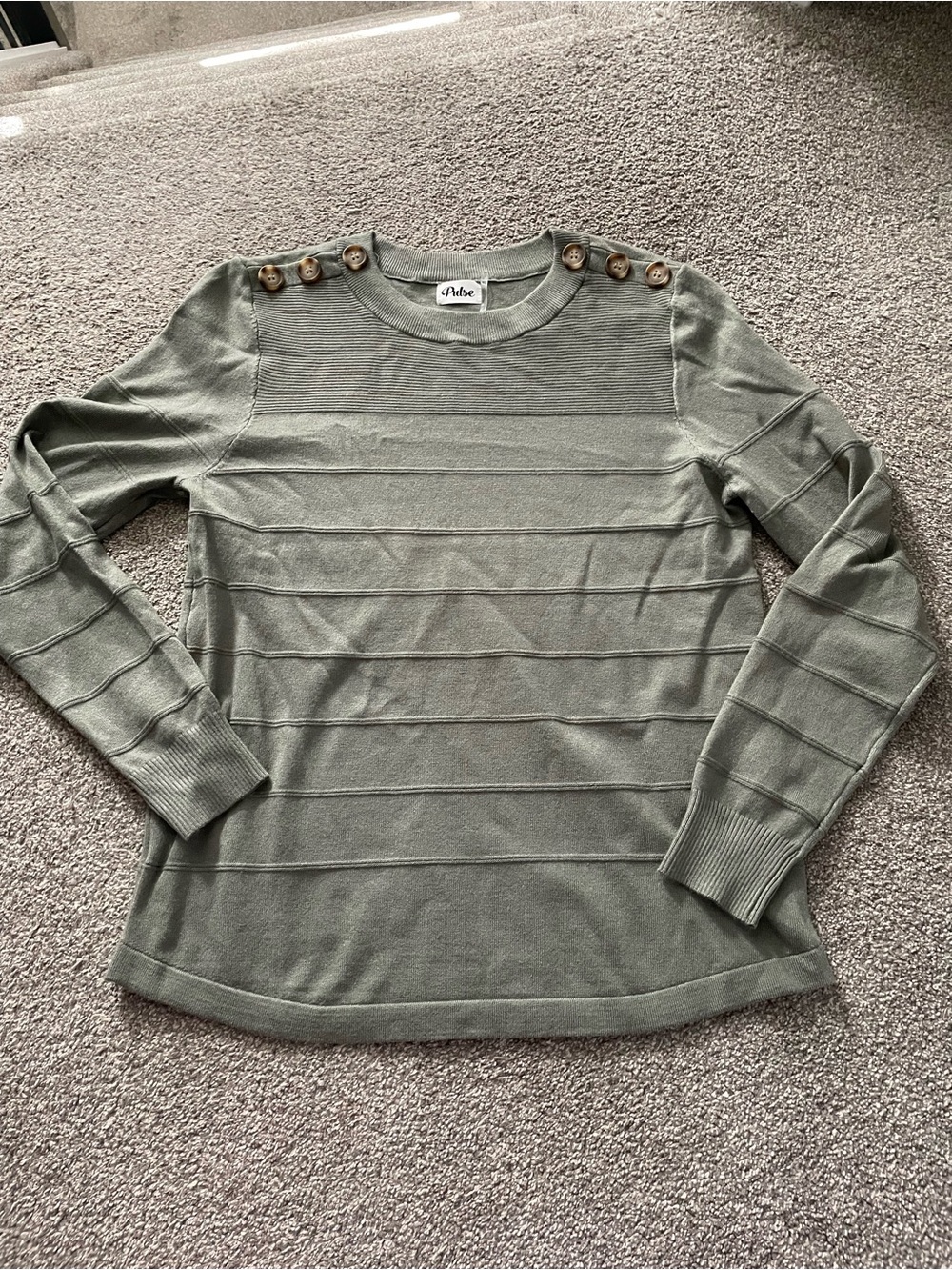 Ladies Olive Green Button-Shoulder Knit Sweater
